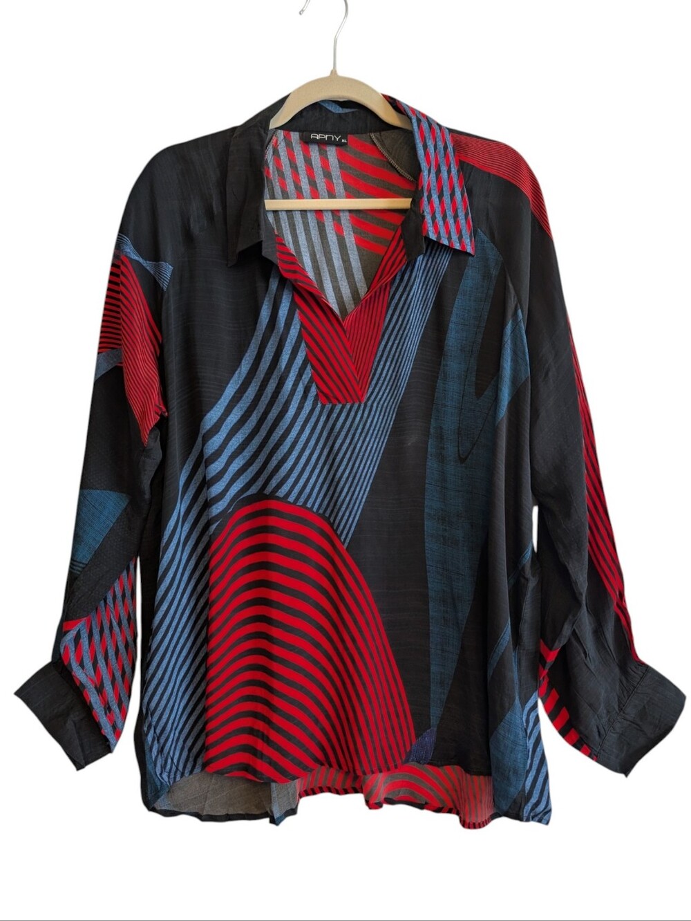 APNY Long Sleeve V Neck Collared Blouse Shirt Geometric Stripes XL Artsy